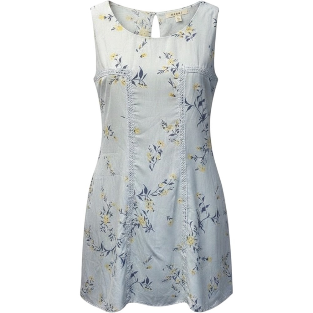 Miami Light Blue Floral Sleeveless Shift Dress with Crochet Lace Trim Large
